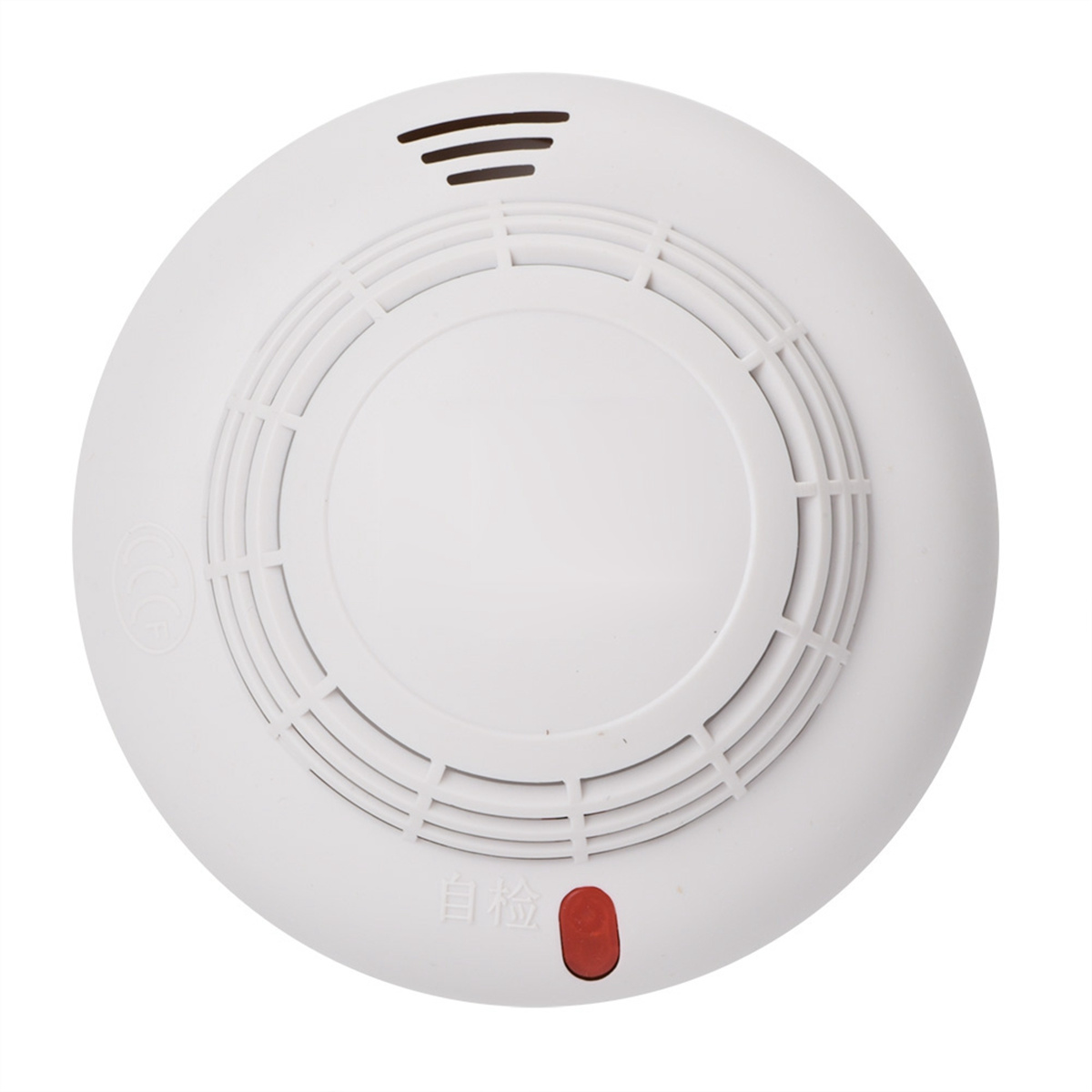 Ein weißer, runder Rauchmelder mit roter Testtaste unten.