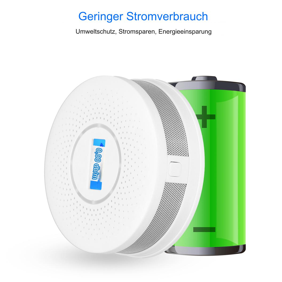 Weißer Rauchmelder und eine grüne Batterie. Der Detektor hat eine kleine Anzeige.