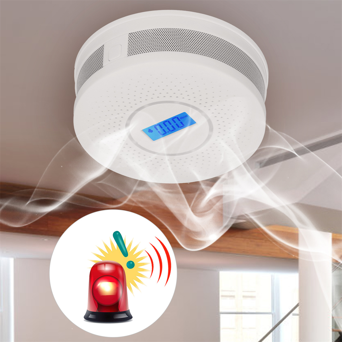 Ein weißer Rauchmelder an einer Decke mit Rauch. Ein Alarm-Symbol ist in der Ecke.