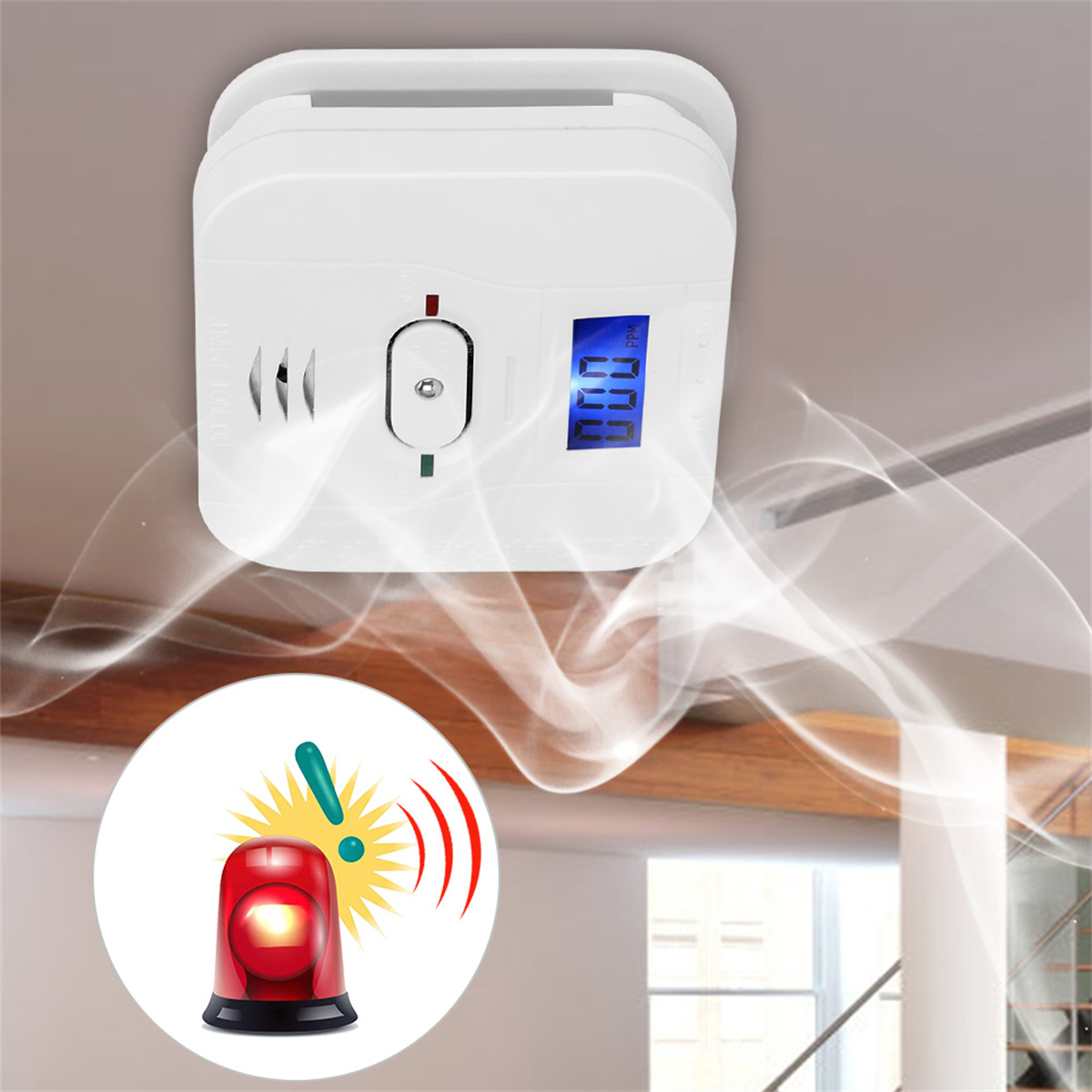 Rauchmelder mit rotem Licht und einem Alarm-Symbol, das eine Brandgefahr anzeigt.