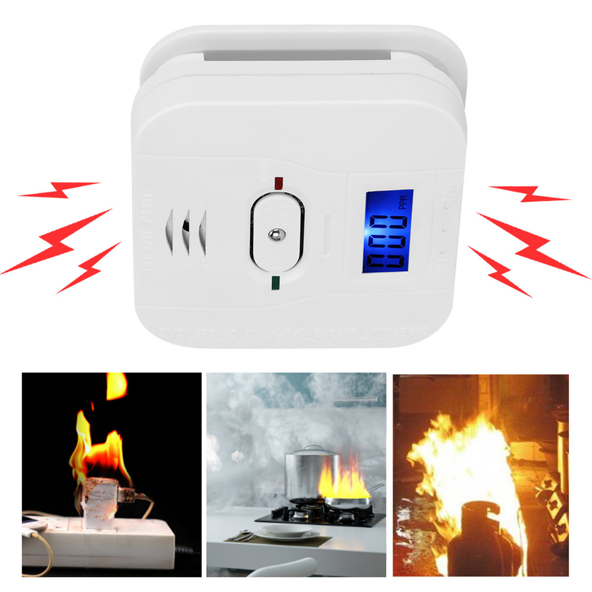 Weißer Rauchmelder mit Digitalanzeige und drei Feuerszenen. Rote Blitze an den Seiten.