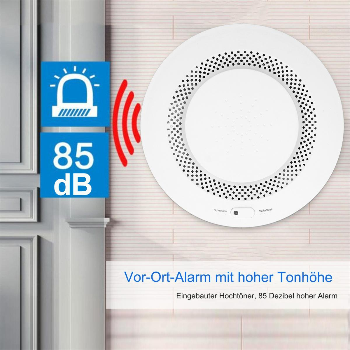 Weißer Rauchmelder mit Text und Symbolen, 85dB Alarm.