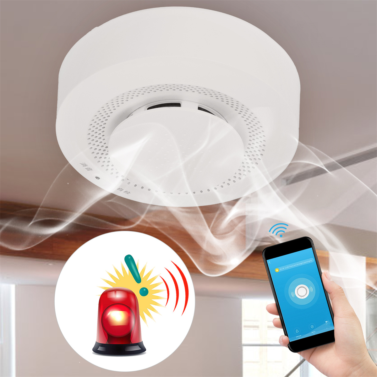 Ein weißer Rauchmelder an der Decke. Ein Telefon zeigt eine App zur Steuerung des Melders. Ein rotes Alarmsymbol ist sichtbar.