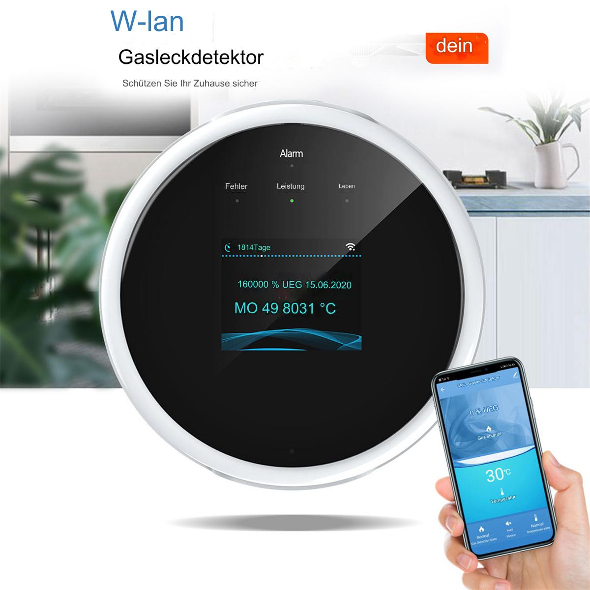 Weißer Gasleckdetektor mit einem Telefon, das Gaswerte und ein Haus zeigt.