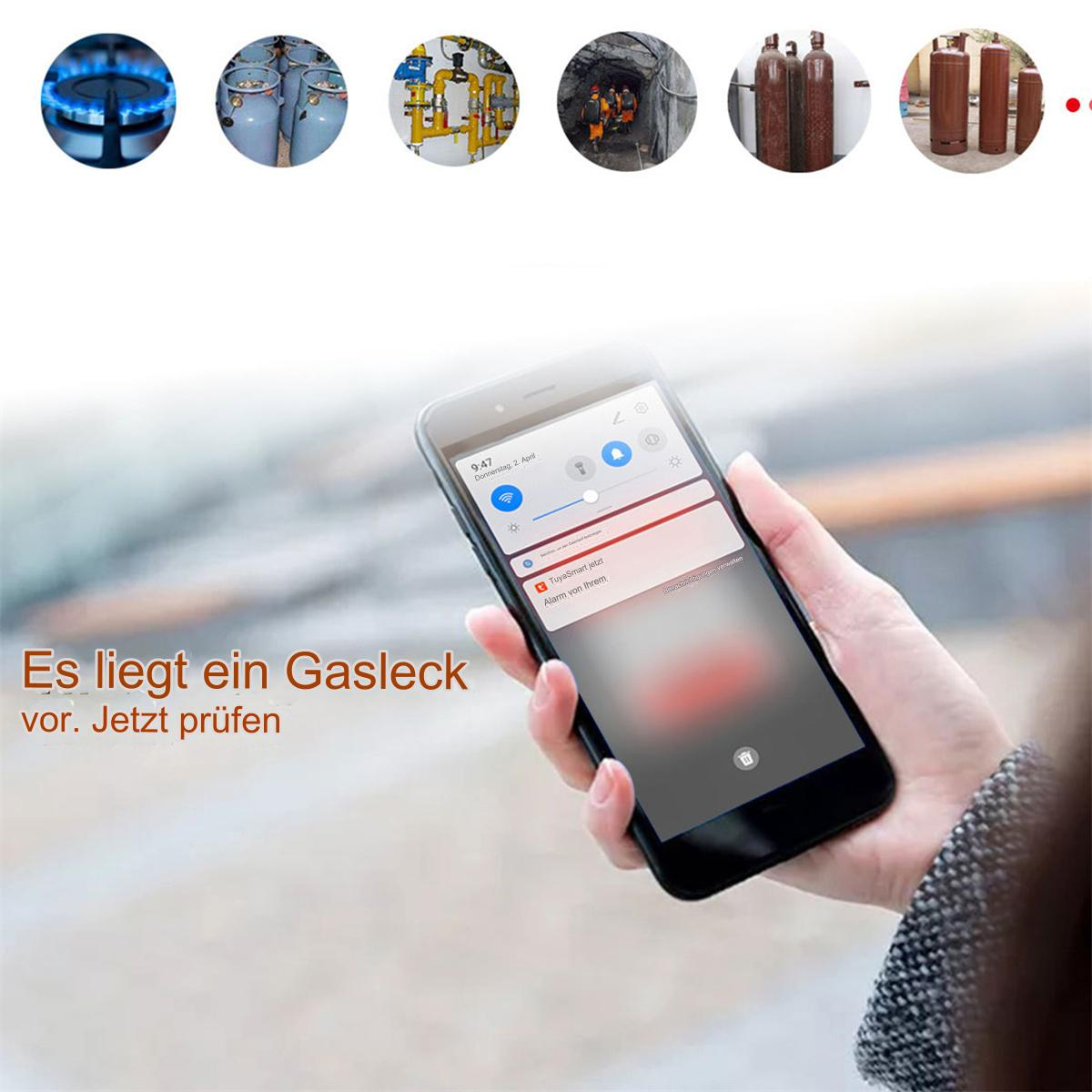Eine Hand, die ein Telefon hält, das eine Gasleckwarnung anzeigt, neben Bildern zum Thema Gas.