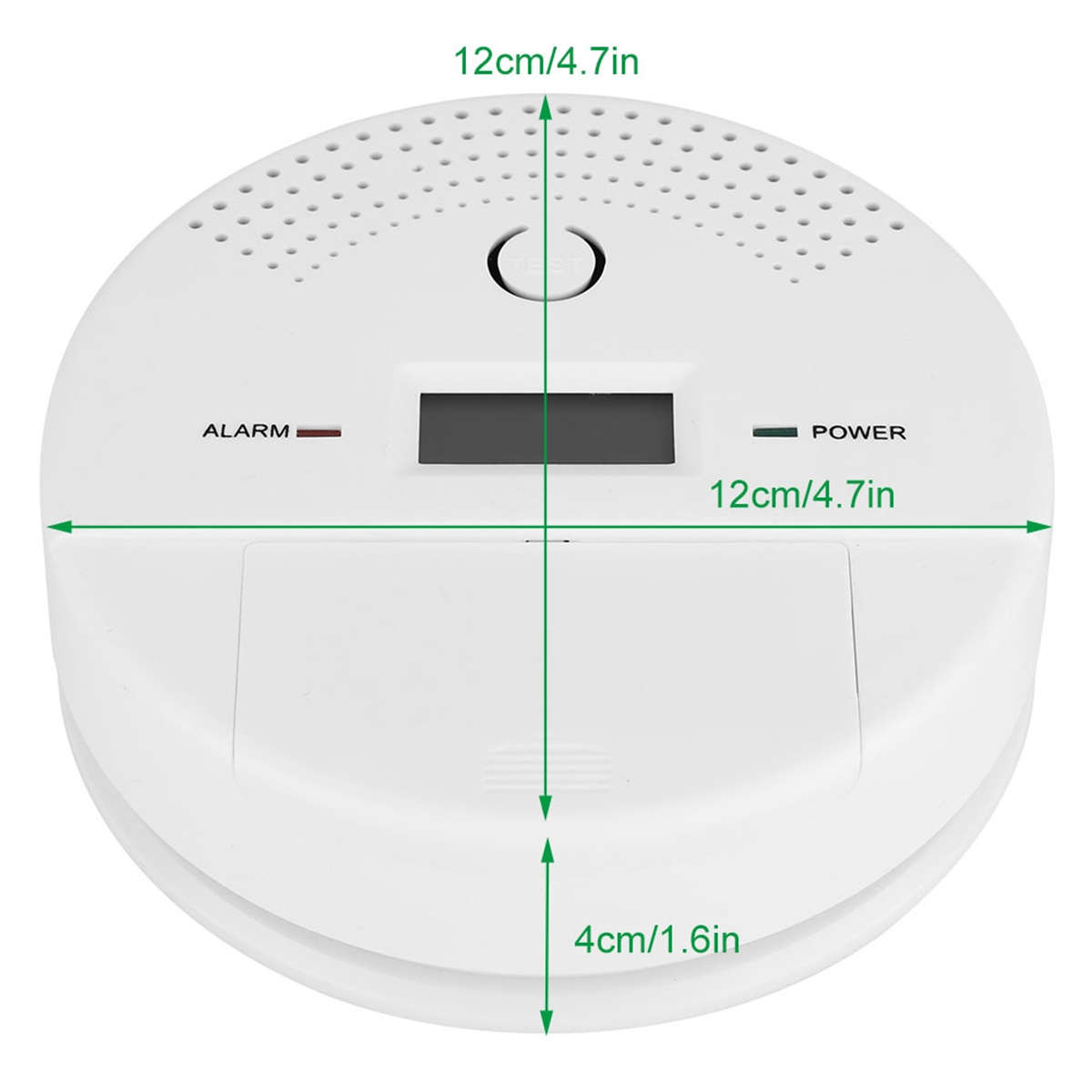Weißer Rauchmelder mit angegebenen Abmessungen. Hat 'ALARM'- und 'POWER'-Anzeigen.