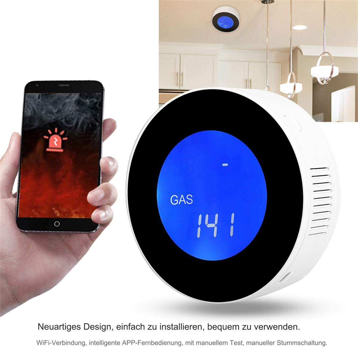 Ein Gasdetektor mit 'GAS' und einem Wert von '141'. Ein Telefon zeigt eine Warnung.