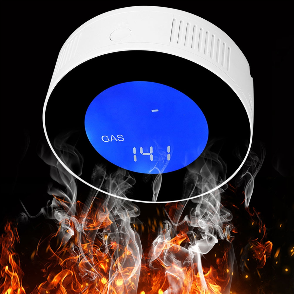 Ein weißer Gasdetektor mit einem blauen Display, das eine Zahl und das Wort „GAS“ anzeigt.