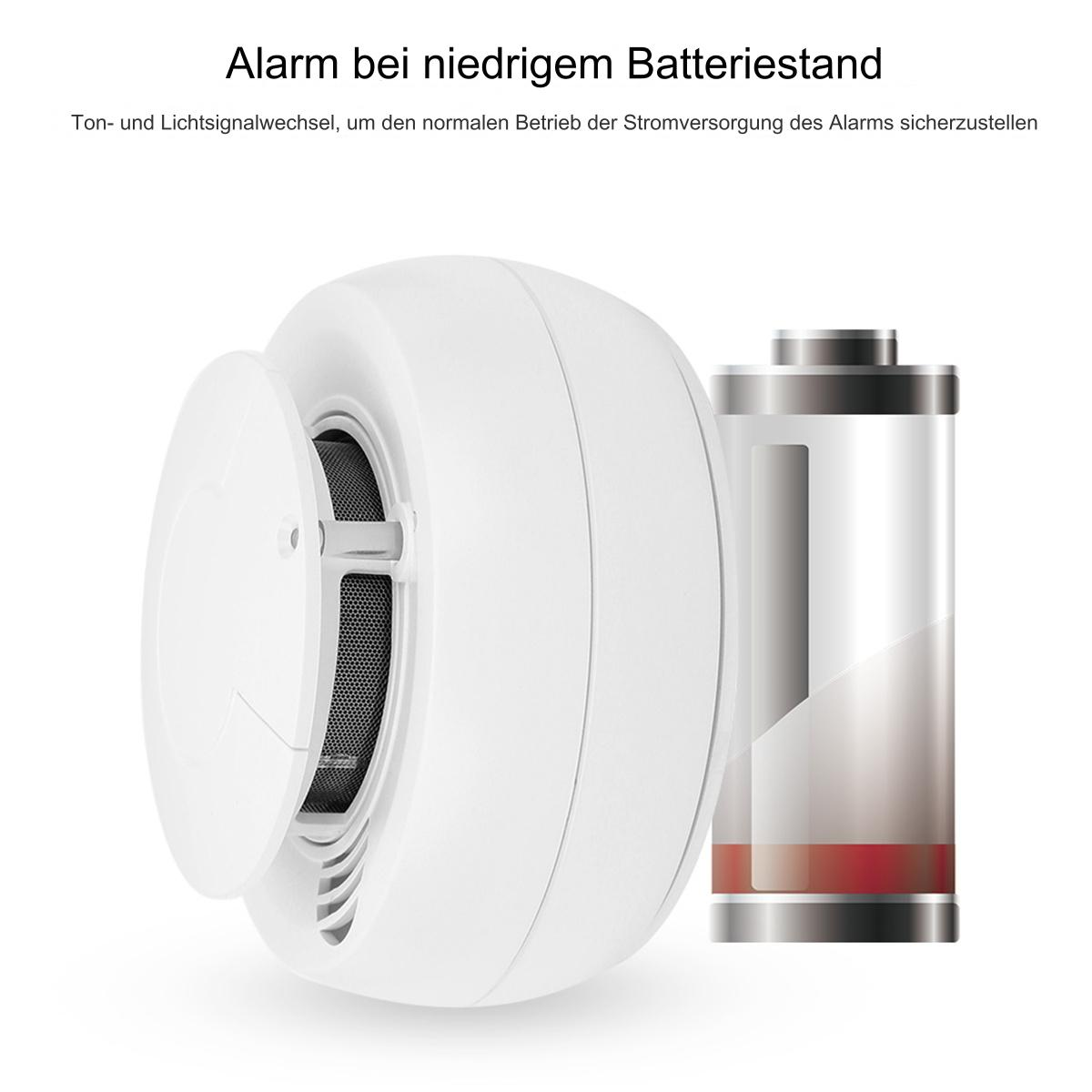 Ein weißer Rauchmelder mit offenem Deckel, daneben eine fast leere Batterie.