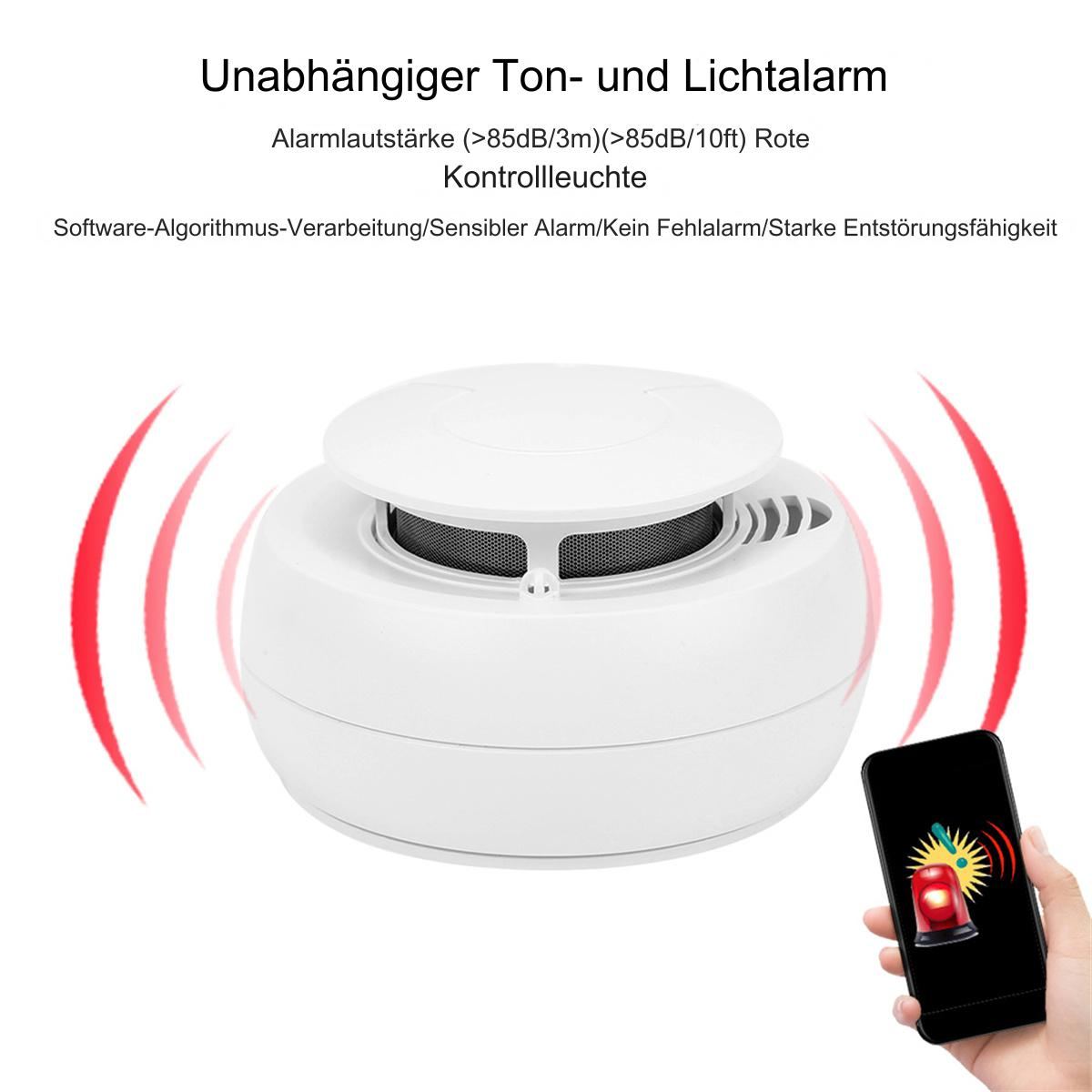 Rauchmelder mit roten Wellen und Smartphone.