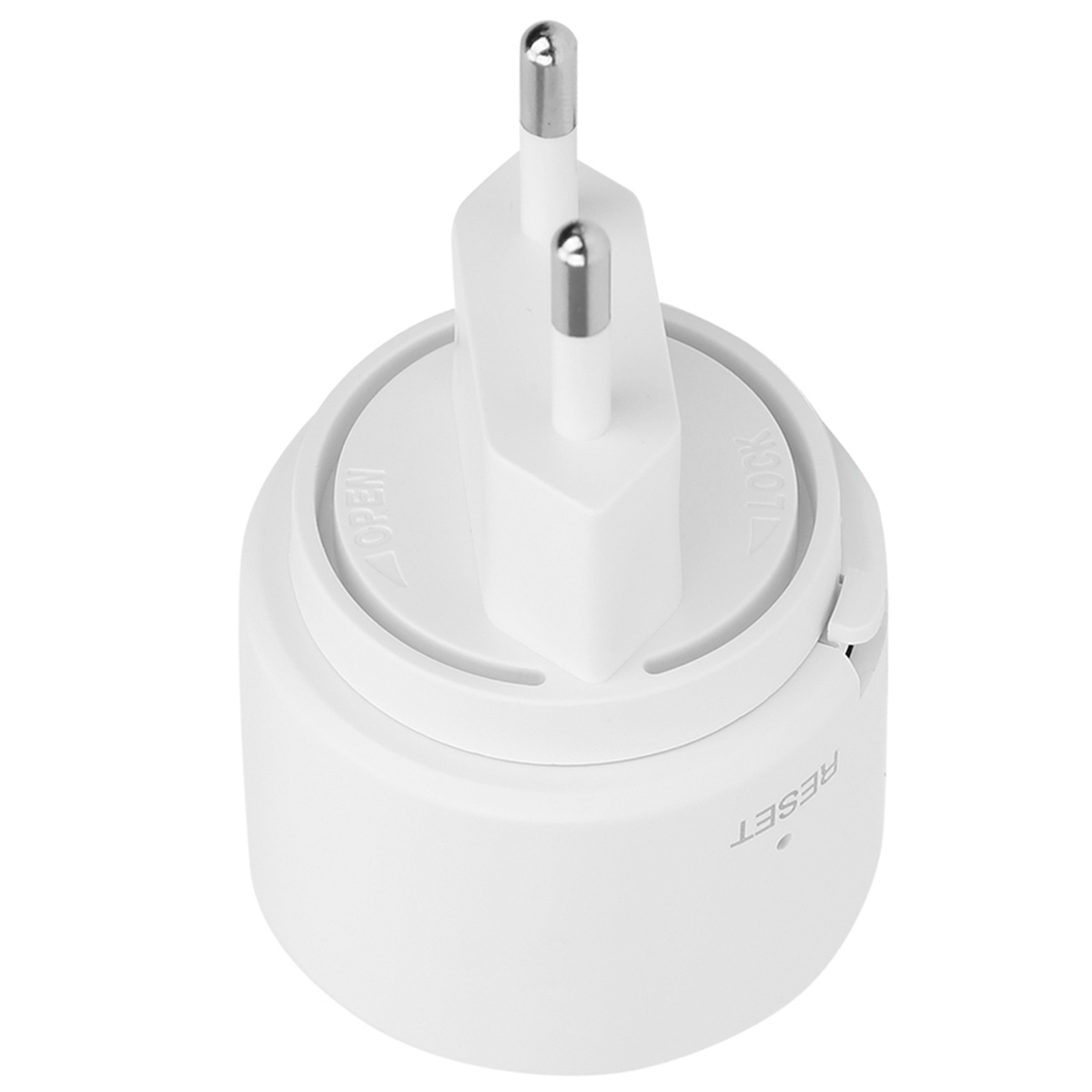 Weißer Netzadapter mit zwei Stiften und einer Reset-Taste.