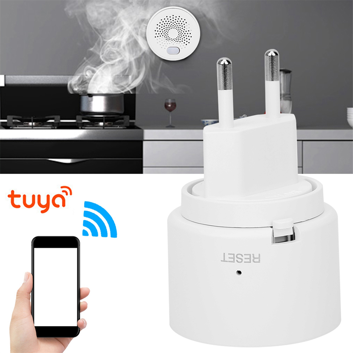 Weißer Stecker mit Reset-Taste und Tuya-Logo mit Telefon und Rauch im Hintergrund.