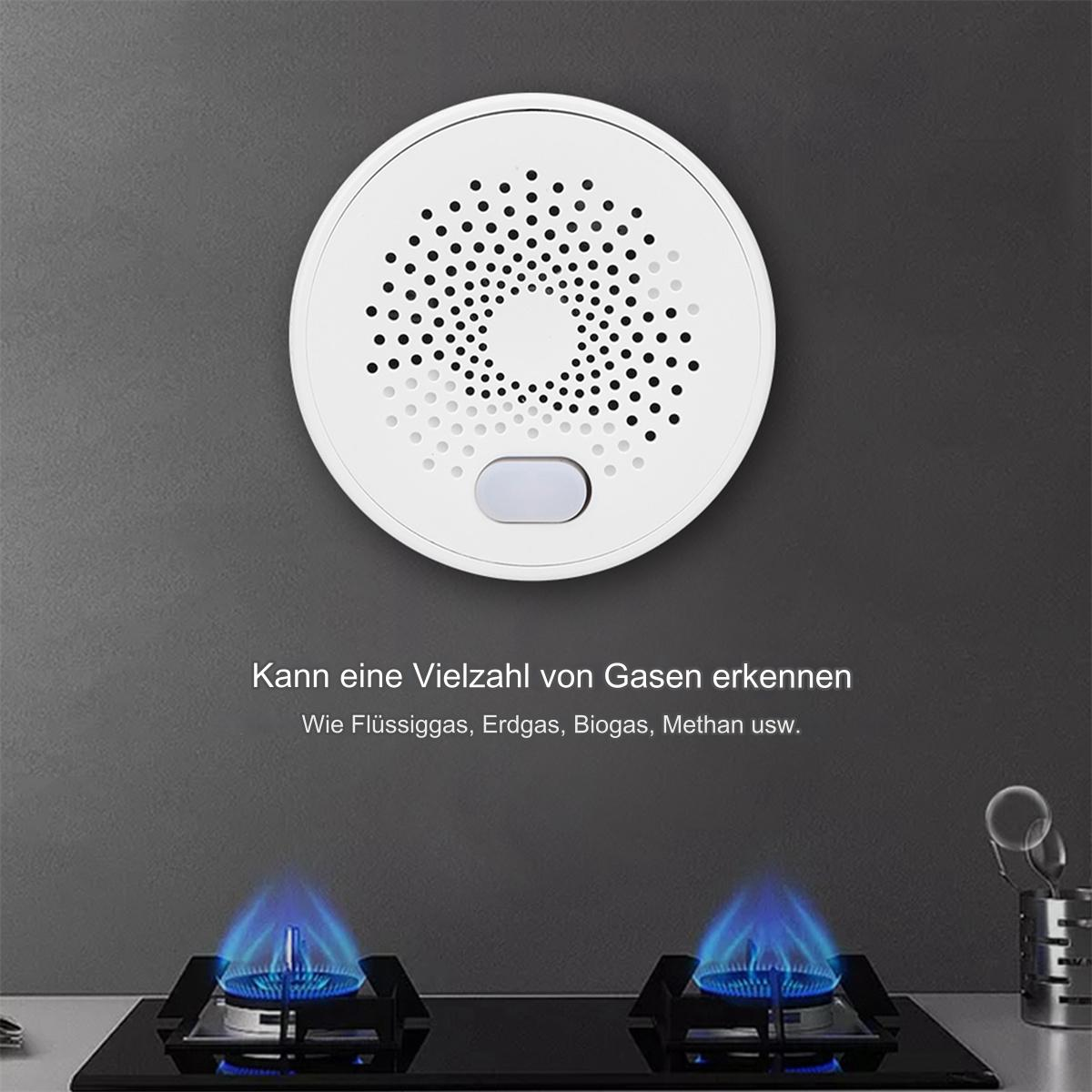Weißer Rauchmelder. Hat viele Löcher. Text über Gasdetektion, einschließlich Methan, ist geschrieben.