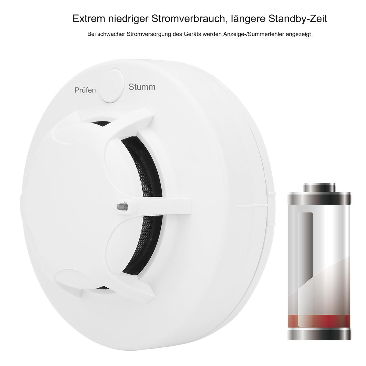 Weißer Rauchmelder mit Test- und Stummtasten, daneben eine Batterie.
