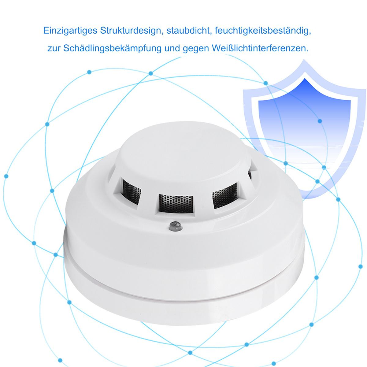 Weißer Rauchmelder mit deutschem Text: Einzigartiges Strukturdesign, staubdicht, feuchtigkeitsbeständig.