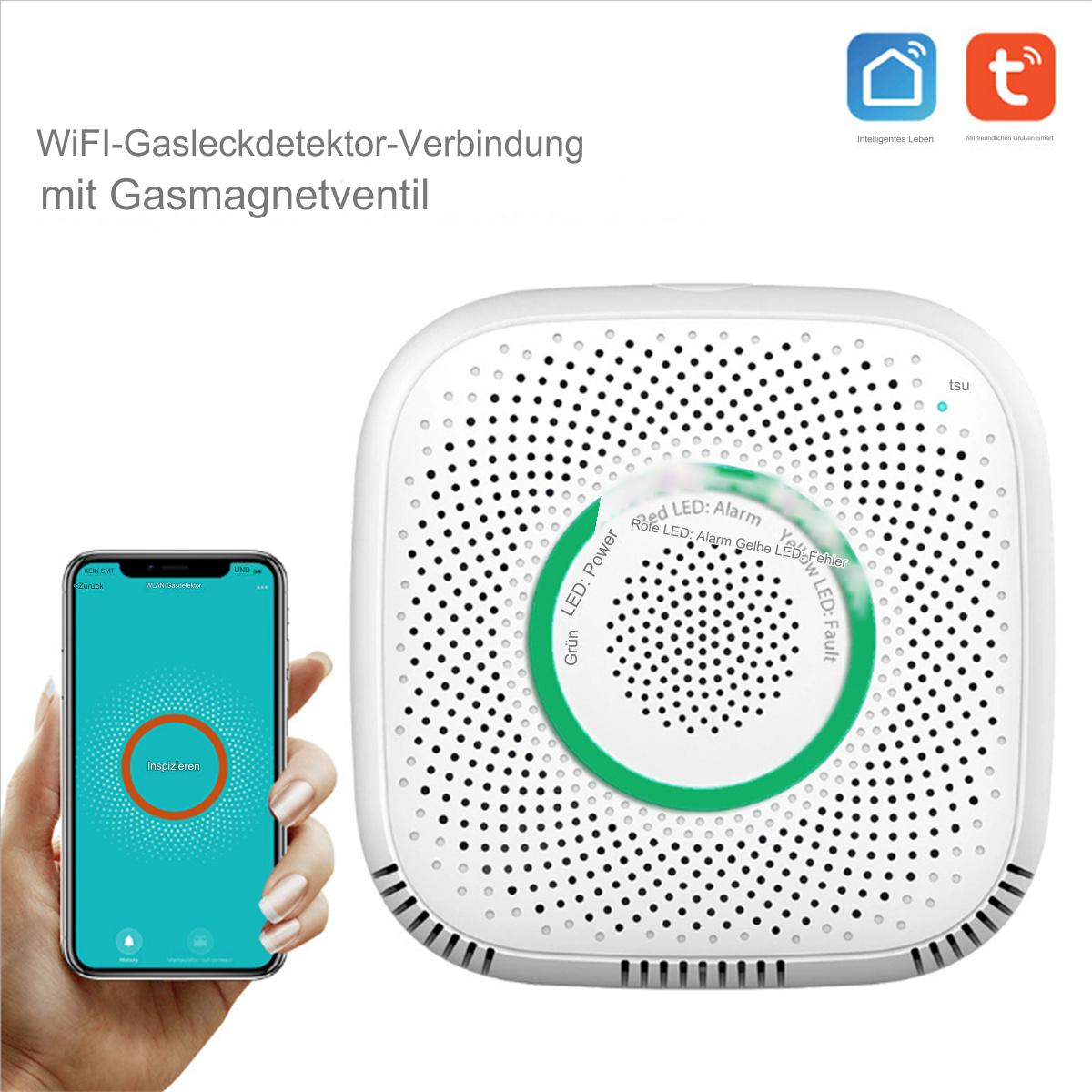 Weißer Gasleckdetektor mit Smartphone, das eine Inspektions-App zeigt.