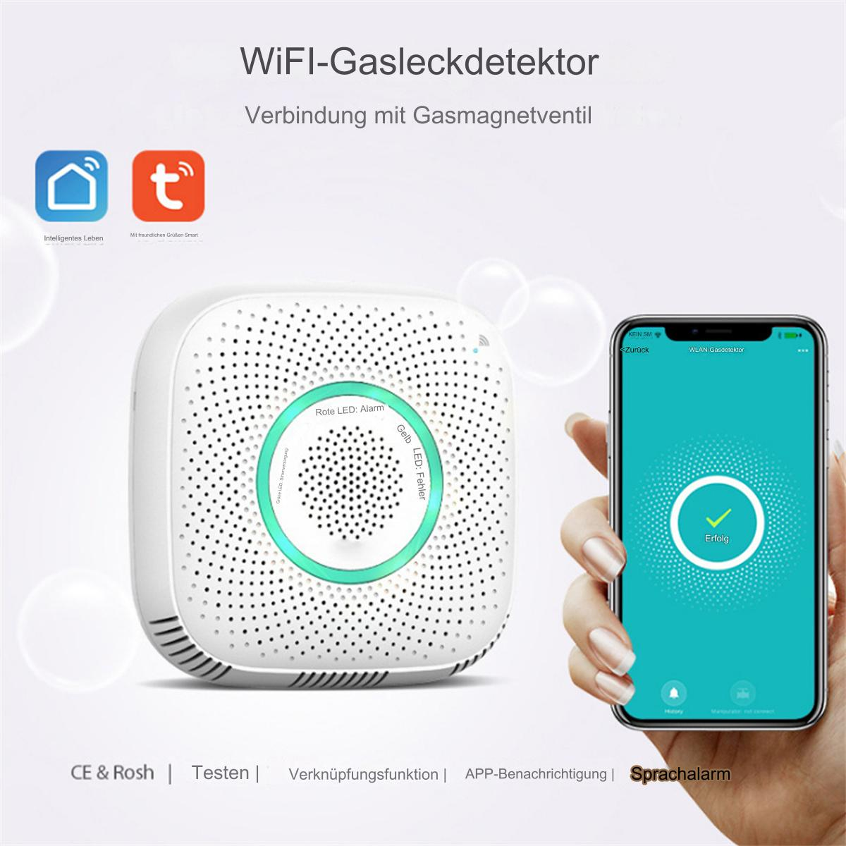 Weißer Gasleckdetektor. Telefon zeigt Erfolgsmeldung an.