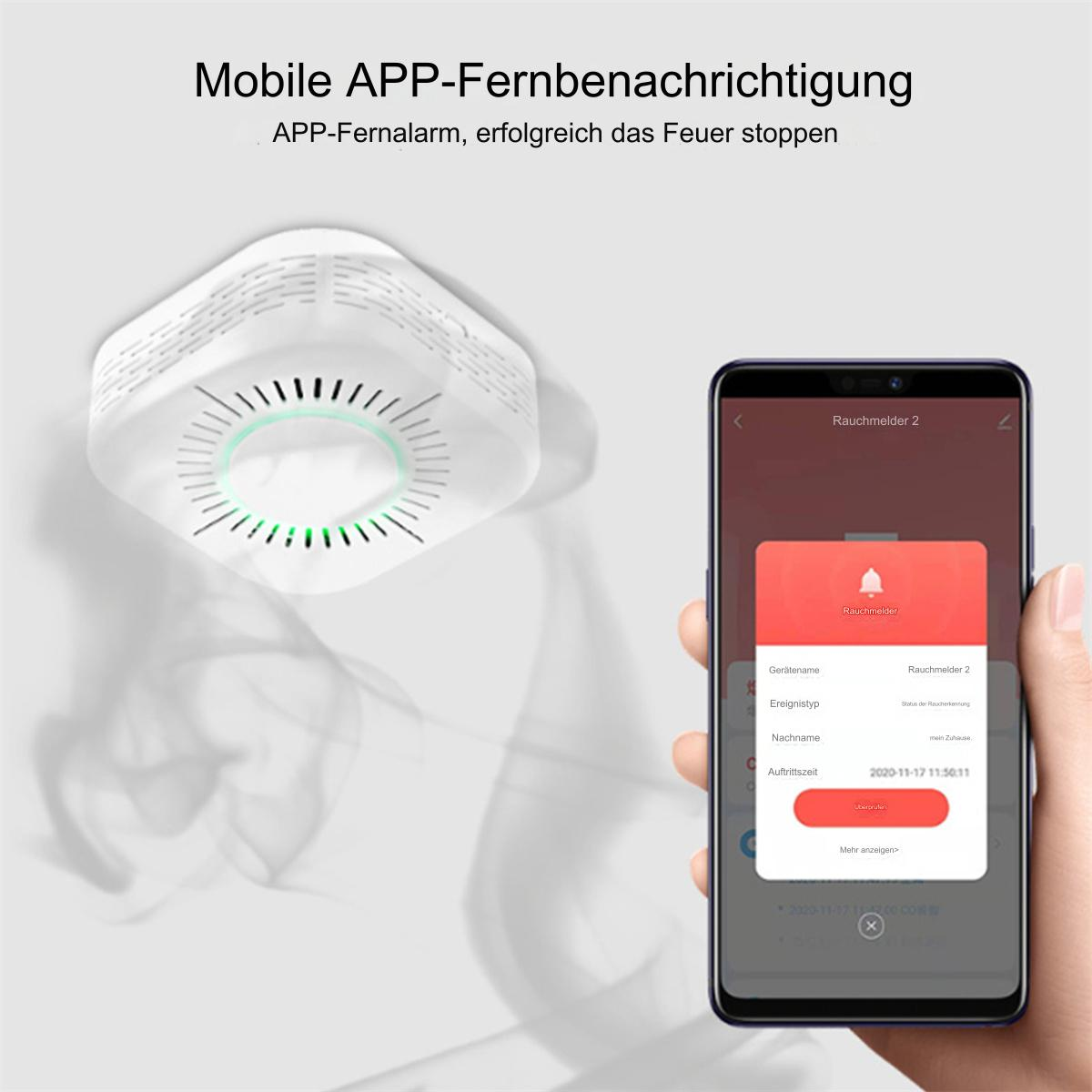 Eine Hand, die ein Smartphone hält, das einen Rauchmelderalarm anzeigt. Das Gerät befindet sich im Hintergrund.