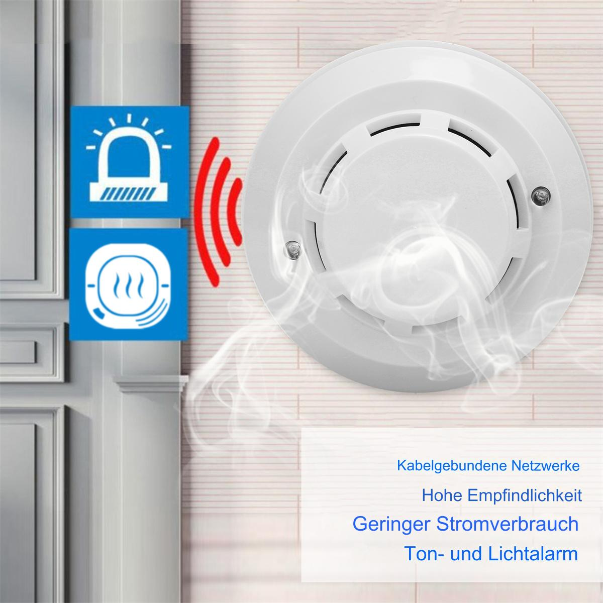 Ein weißer Rauchmelder mit Symbolen und Text an einer Wand, der einen Feueralarm anzeigt.