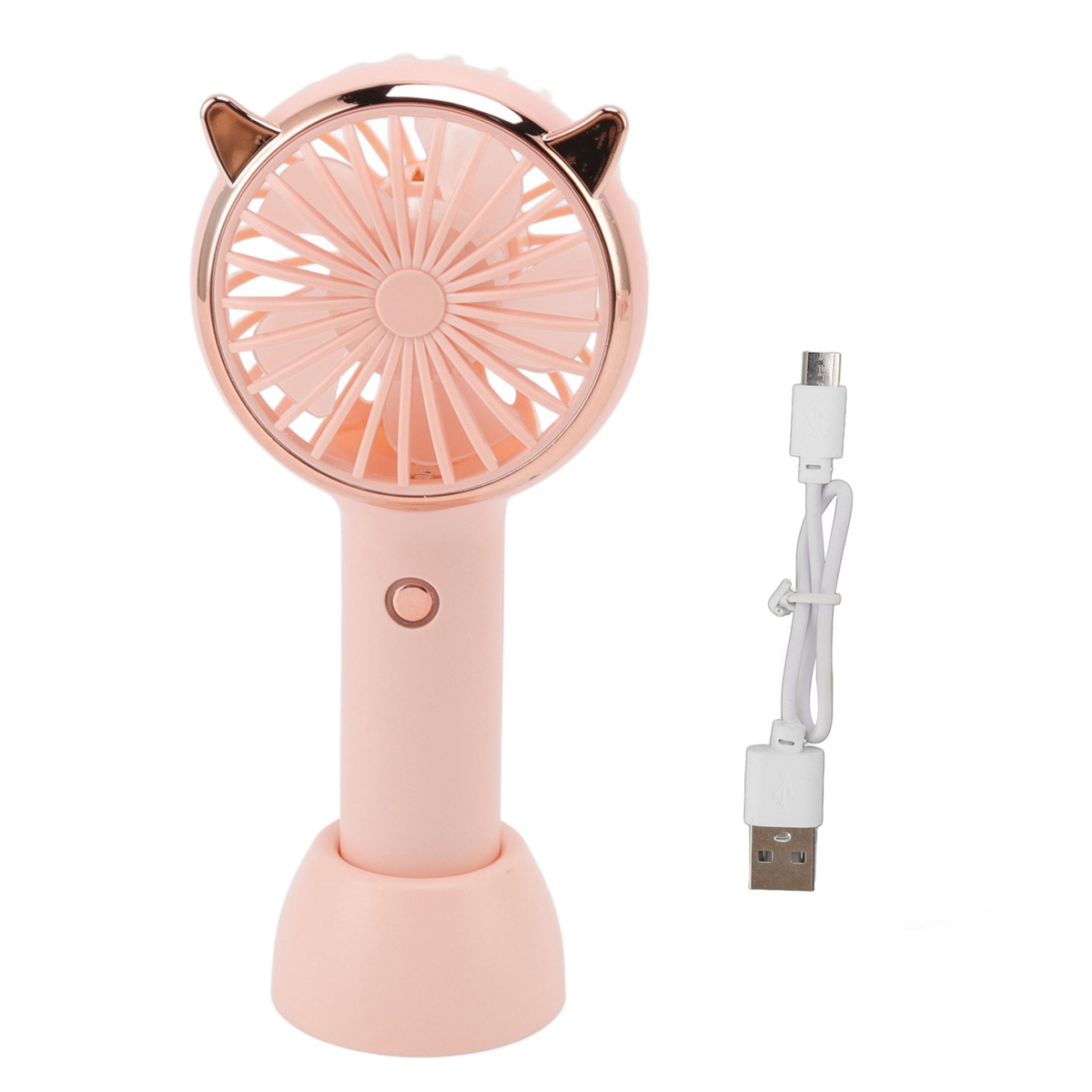 Rosa Handventilator mit Katzenohren-Design und einem Ladekabel.
