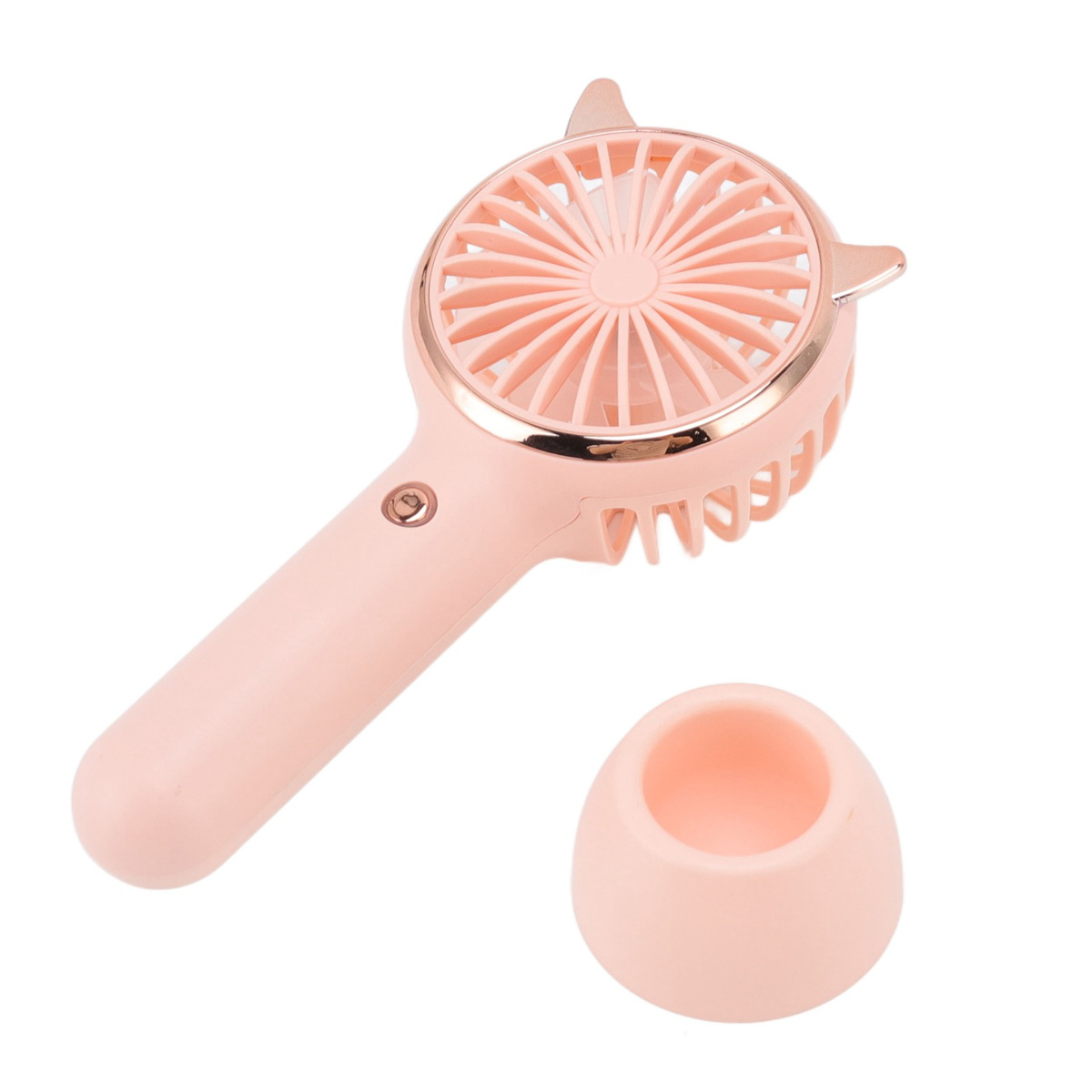 Rosa Handventilator mit Ständer. Es hat ein süßes Design, perfekt für den Sommer.