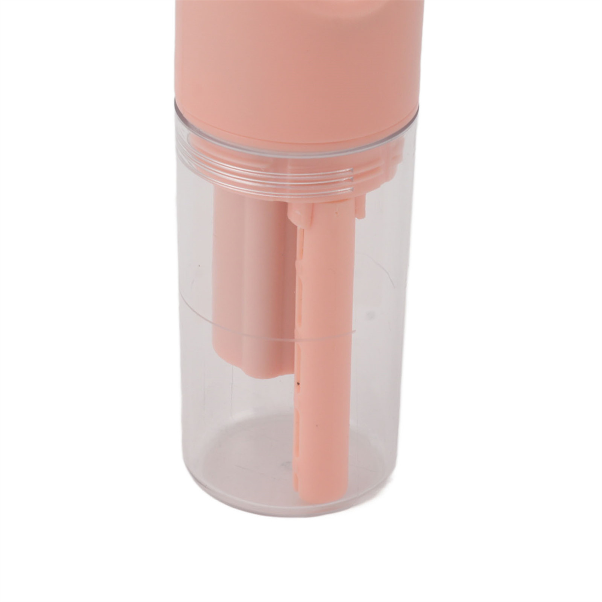 Ein rosa Kontaktlinsenhalter mit einem transparenten Behälter, der zwei rosa Linsenhalter enthält.