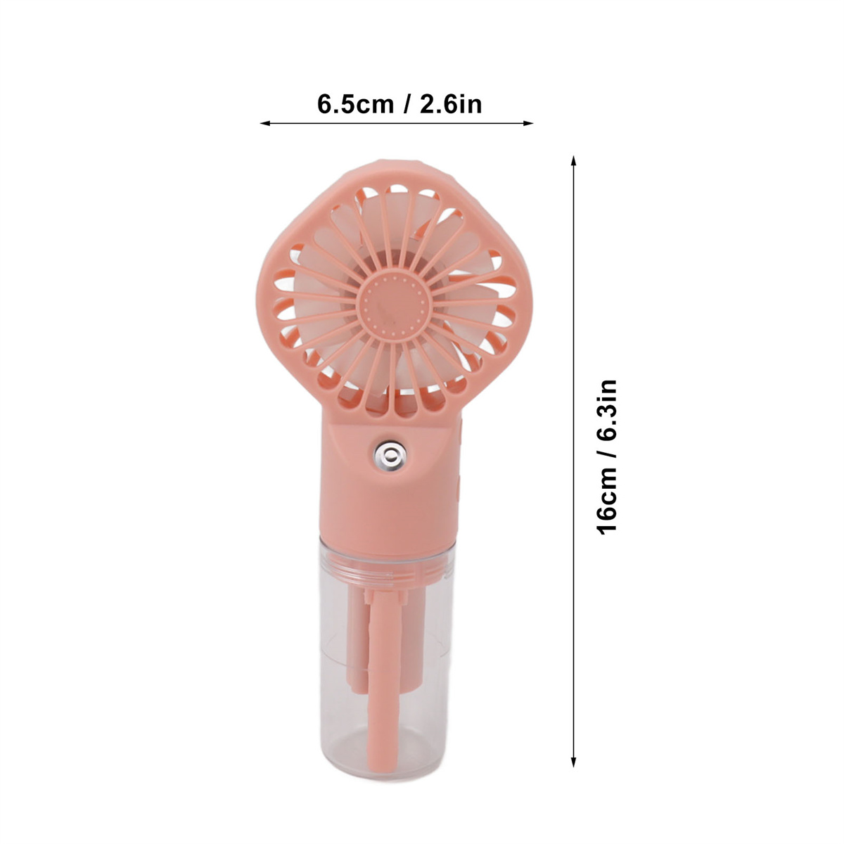 Rosa tragbarer Ventilator mit Wasserflasche, misst 6,5 cm/2,6 Zoll und 16 cm/6,3 Zoll.