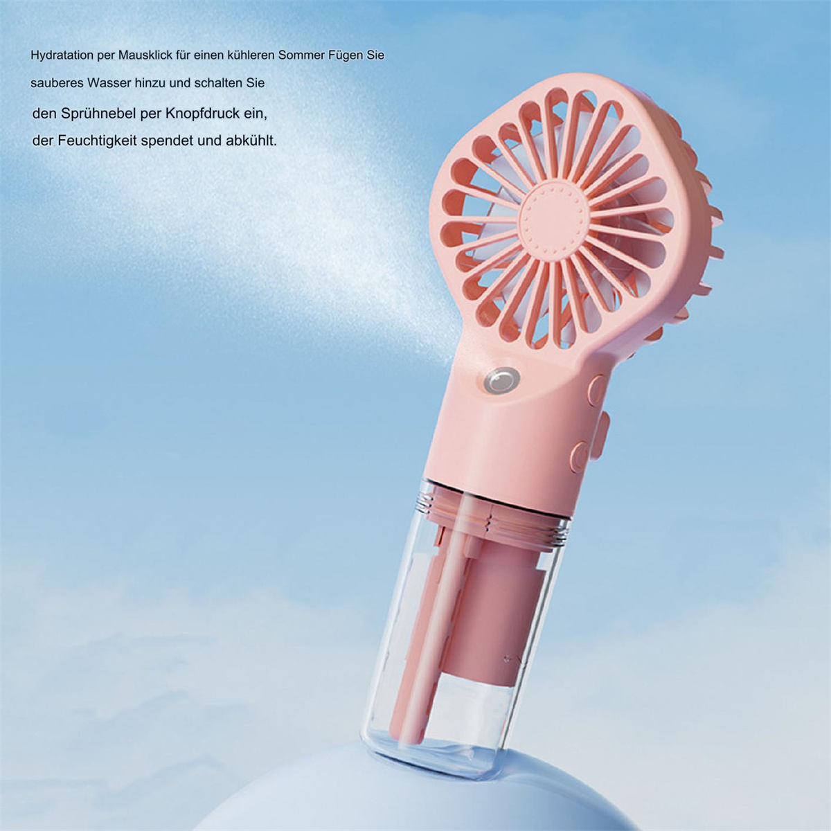 Ein pinkfarbener Hand-Nebelventilator, der Wasser sprüht, mit Text auf Deutsch, der seine Verwendung beschreibt.