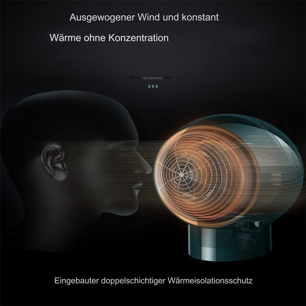 Ein Profil eines Mannes, der einem beheizten, transparenten Ventilator zugewandt ist. Schwarzer Hintergrund mit Text.