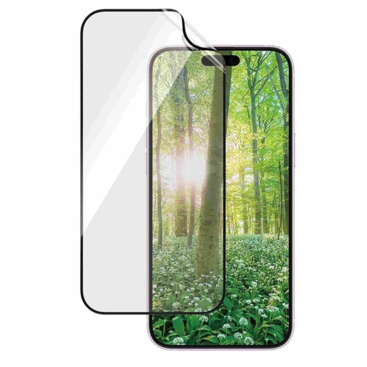 Protezione schermo del telefono su un telefono che mostra una scena della foresta.