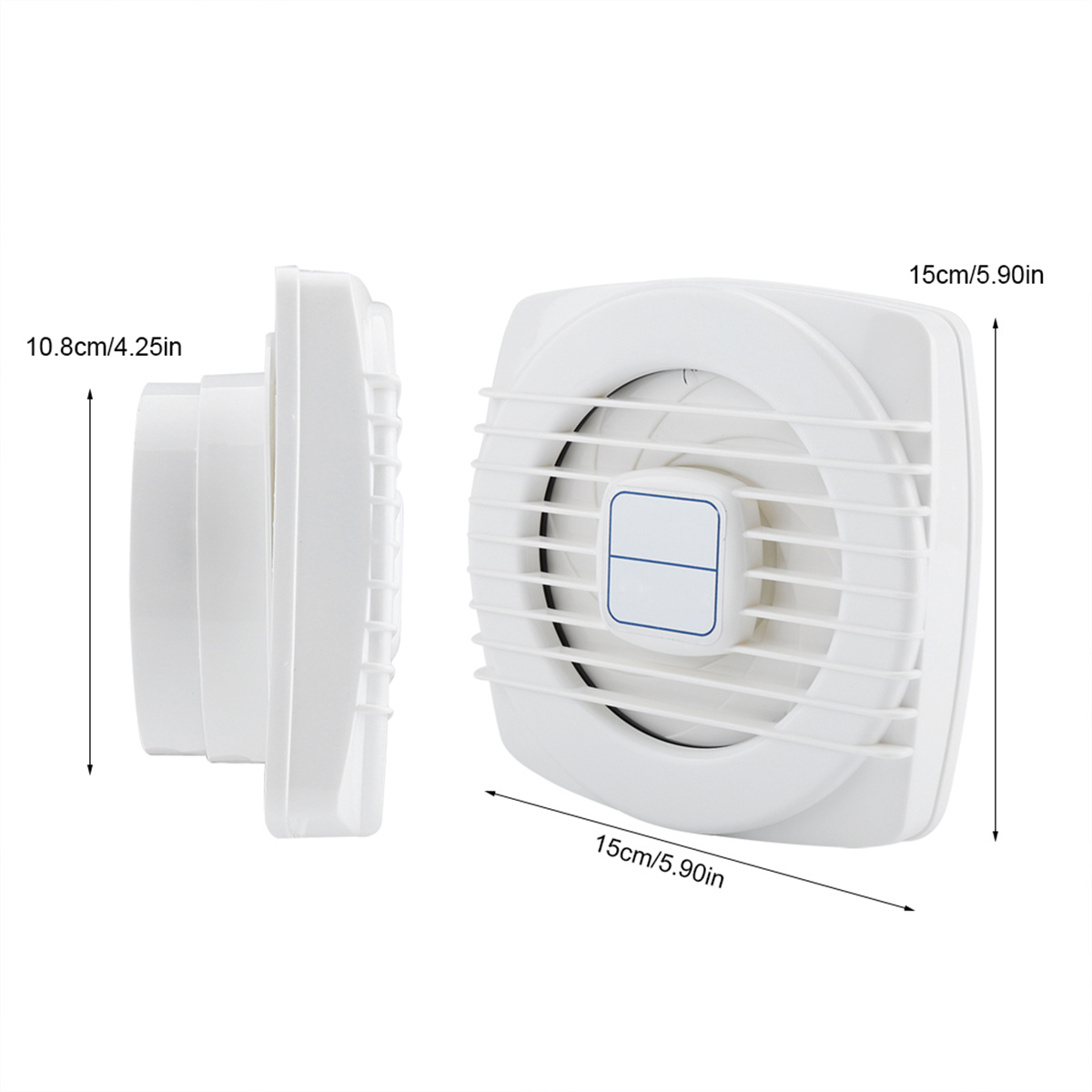 Weißer quadratischer Ventilator mit Abmessungen und weißem Hintergrund. Der Ventilator hat ein Gitter und Bedienelemente.