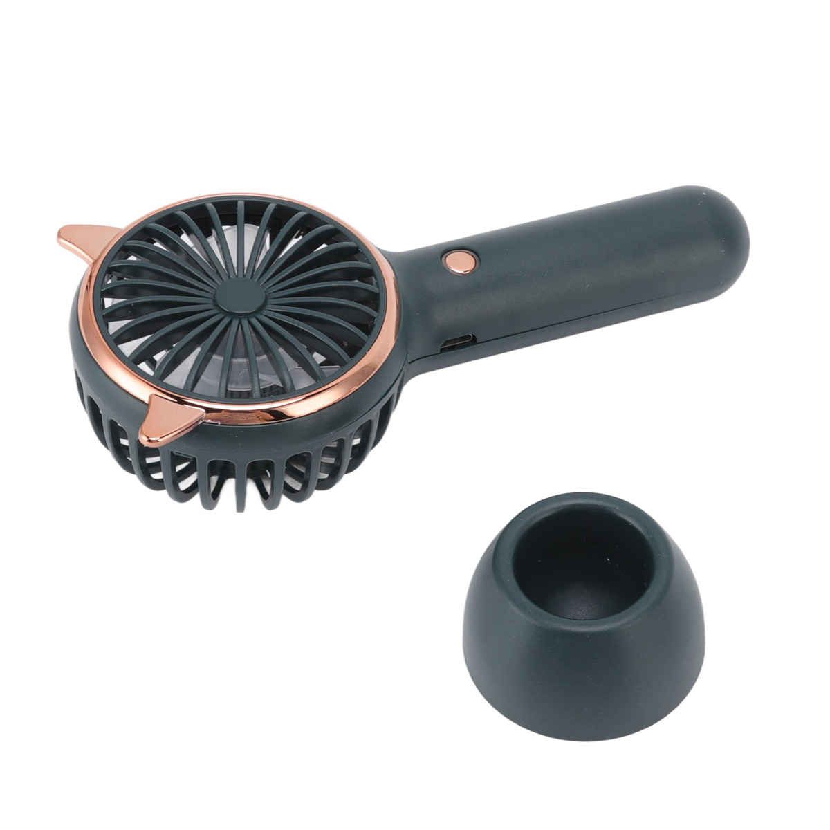 Ein tealfarbener Handventilator mit roségoldener Zierleiste und separater Basis. Isoliert auf weißem Hintergrund.