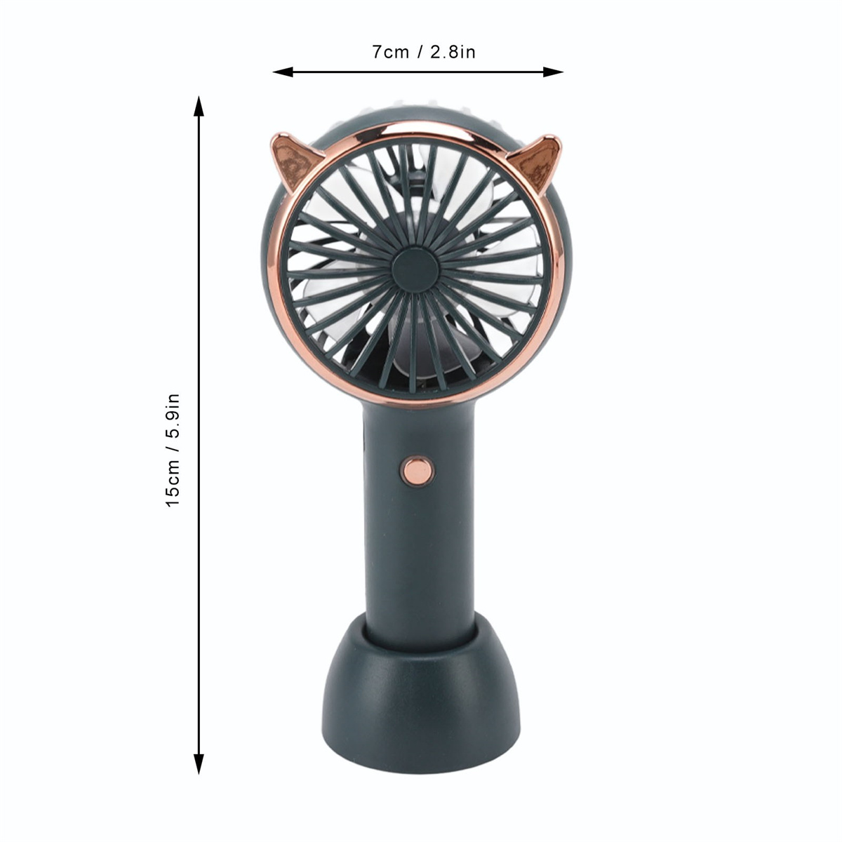 Dunkelgrüner tragbarer Ventilator mit Katzenohren-Design, roségoldfarbener Zierleiste und Maßangaben.