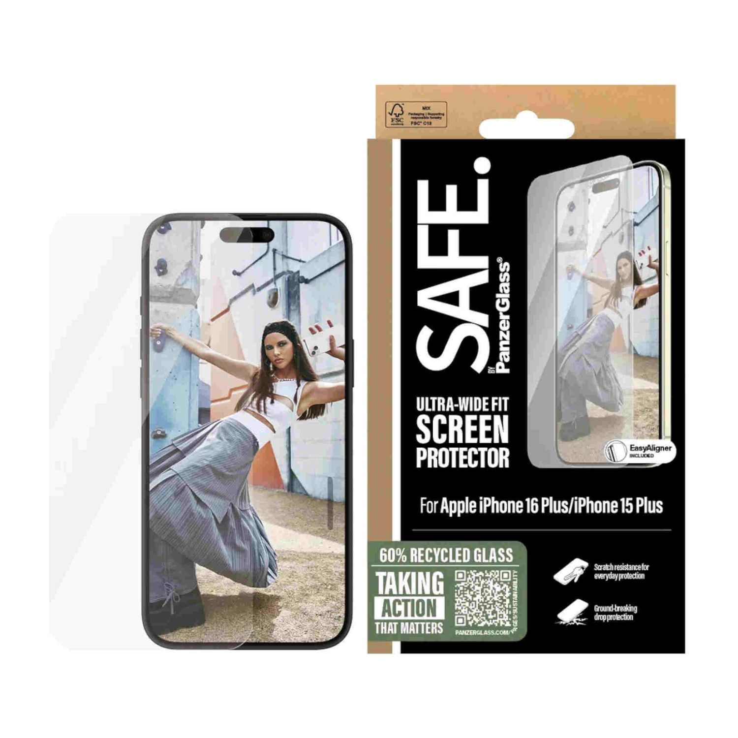 Telefono con protezione schermo, che mostra una donna in abito grigio, con confezione.