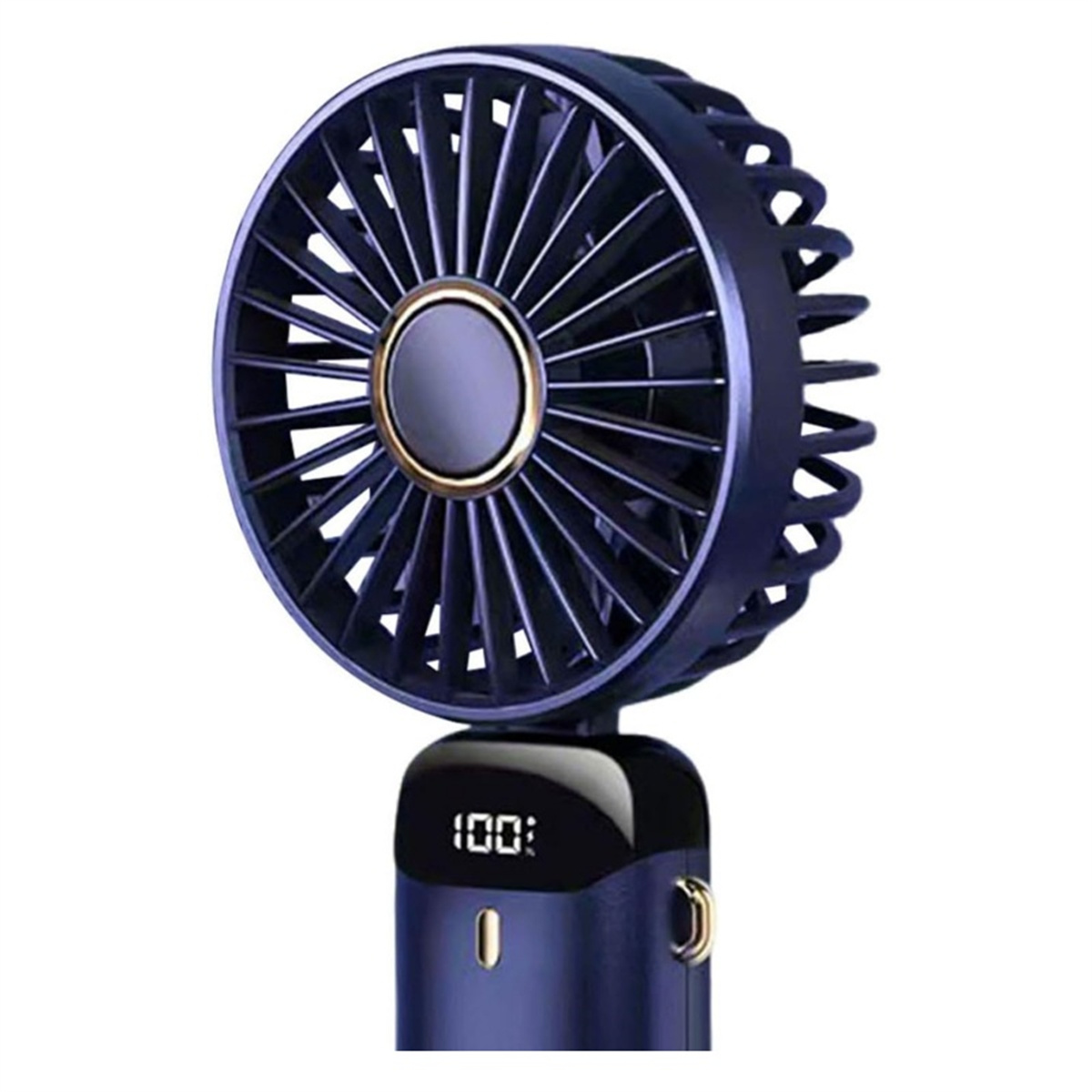Tragbarer Handventilator. Er zeigt '100' auf dem Bildschirm an. Der Ventilator ist marineblau.