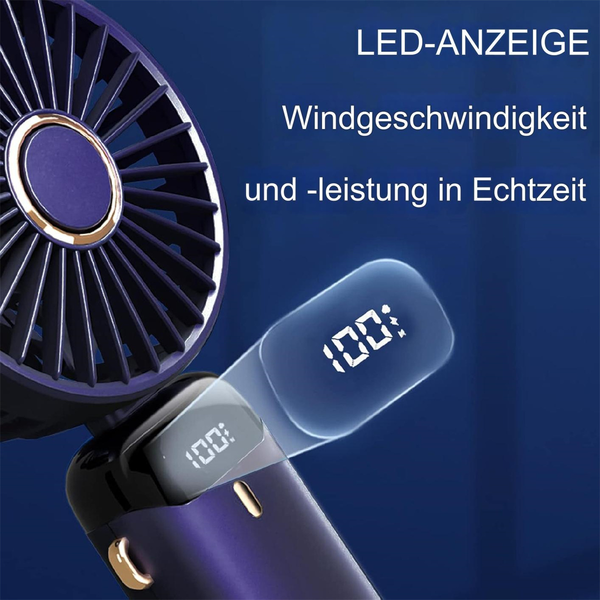 Ein dunkelblauer Ventilator mit Digitalanzeige, die 100% zeigt. Text beschreibt Windgeschwindigkeit und Leistung in Echtzeit.