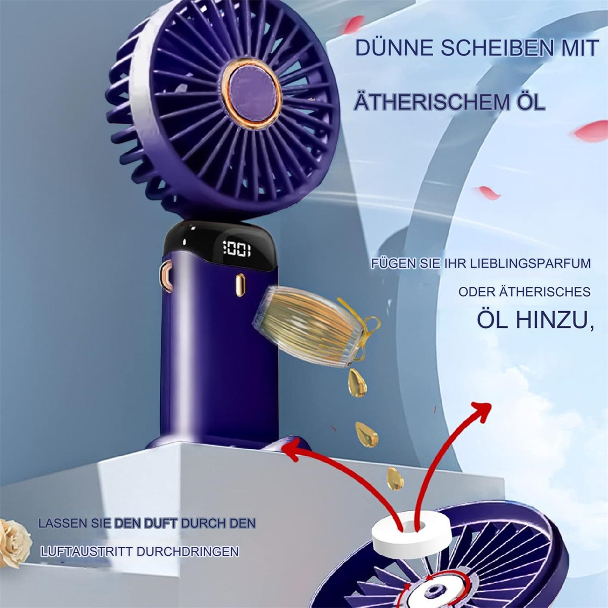 Lila Handventilator mit Anweisungen für ätherische Öle und einem kleinen Bildschirm.
