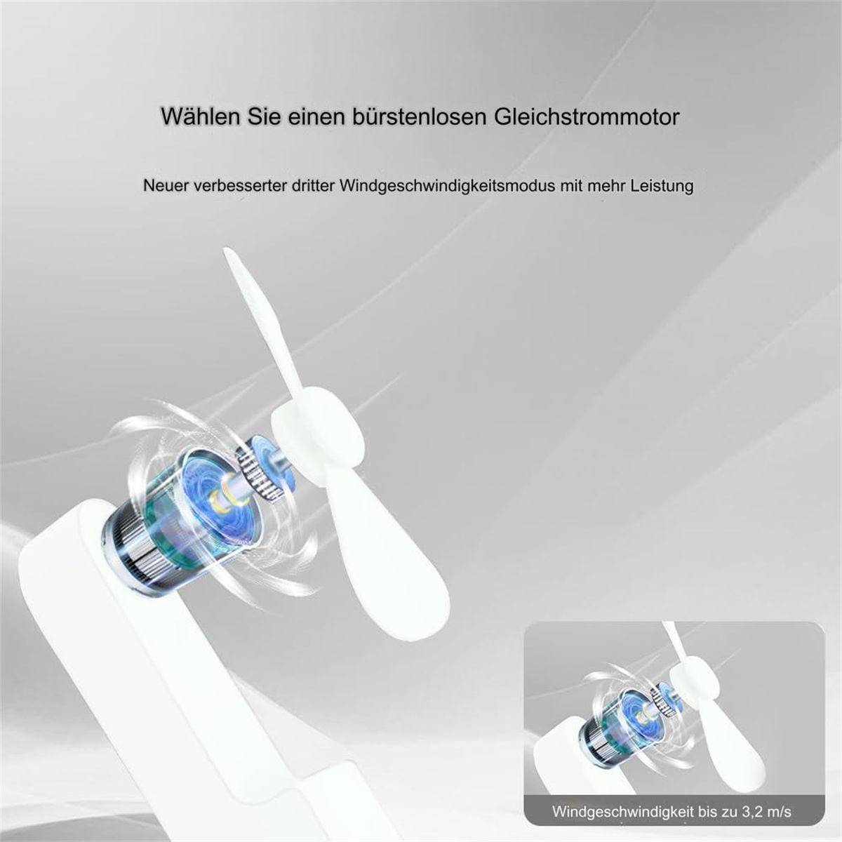Ein kleiner Ventilator mit durchsichtigem Gehäuse, ein kleiner Einsatz zeigt die Komponenten des Ventilators.