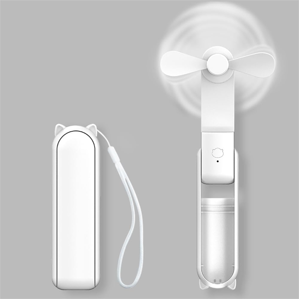 Ein tragbarer weißer Ventilator neben seinem geschlossenen Etui, beide mit Katzenohren.
