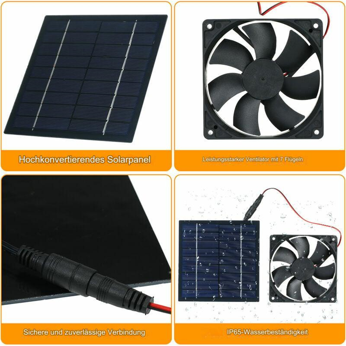 Mehrere Bilder von Solarpanels und einem Ventilator, mit Textbeschriftungen. Schwarz und Weiß.