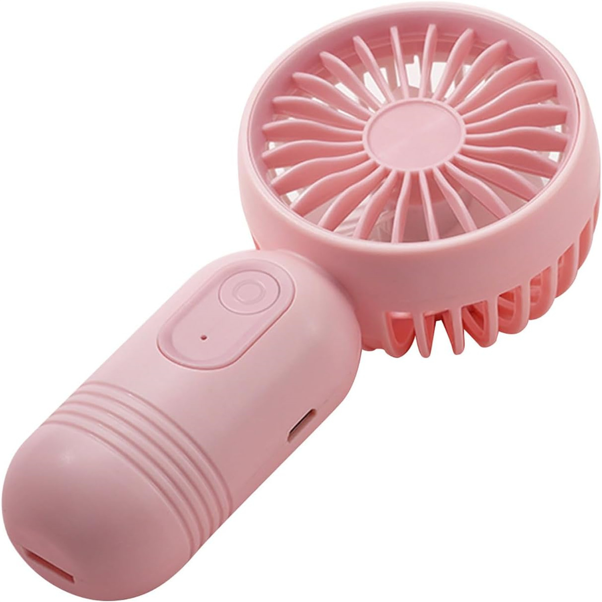 Ein hellrosa Handventilator mit rundem Kopf, einem Knopf und einem Ladeanschluss.