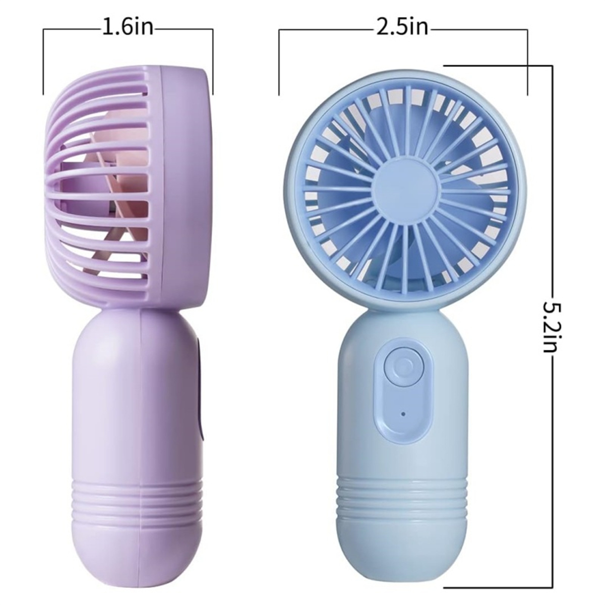 Zwei kleine Handventilatoren, einer lavendelfarben und einer blau. Der lavendelfarbene ist 1,6 Zoll und der blaue 2,5 Zoll.