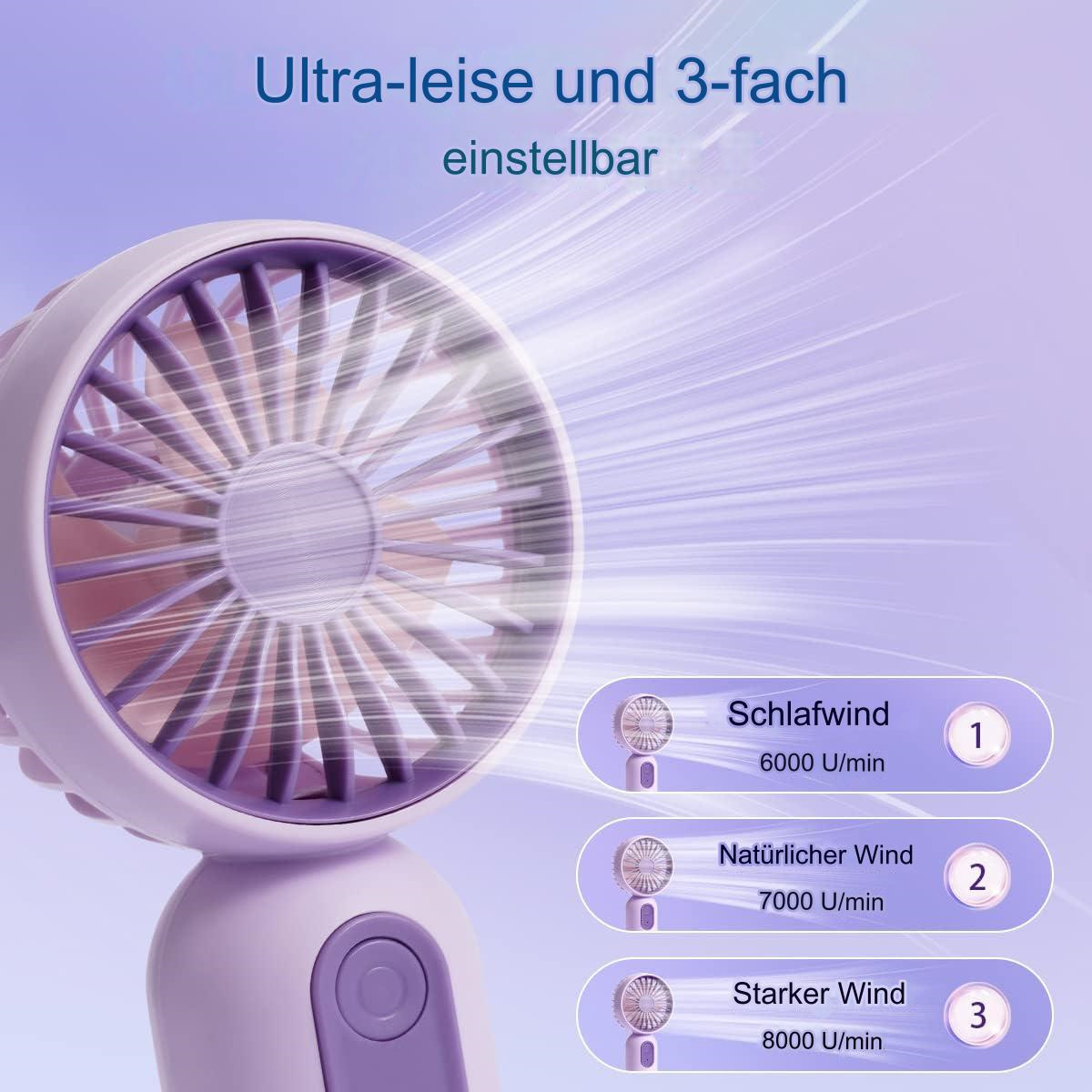 Ein kleiner, lila Handventilator mit drei Einstellungen. Der Ventilator hat einen kreisförmigen Käfig.