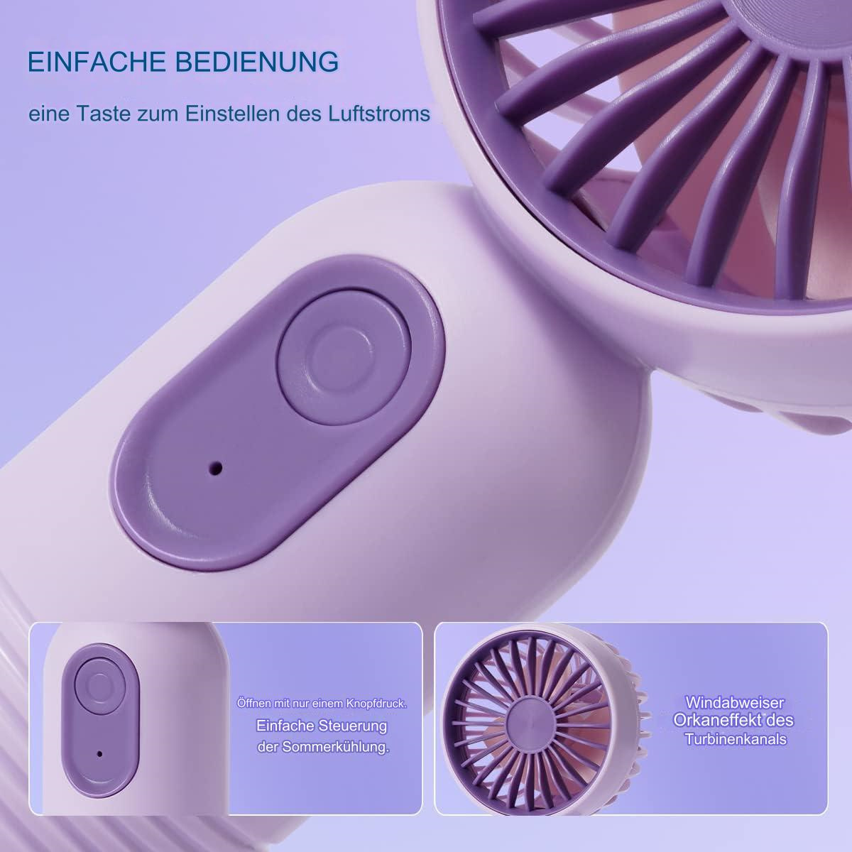 Ein lila-weißer Handventilator mit Knopf und detaillierter Ansicht der Lüfterblätter.