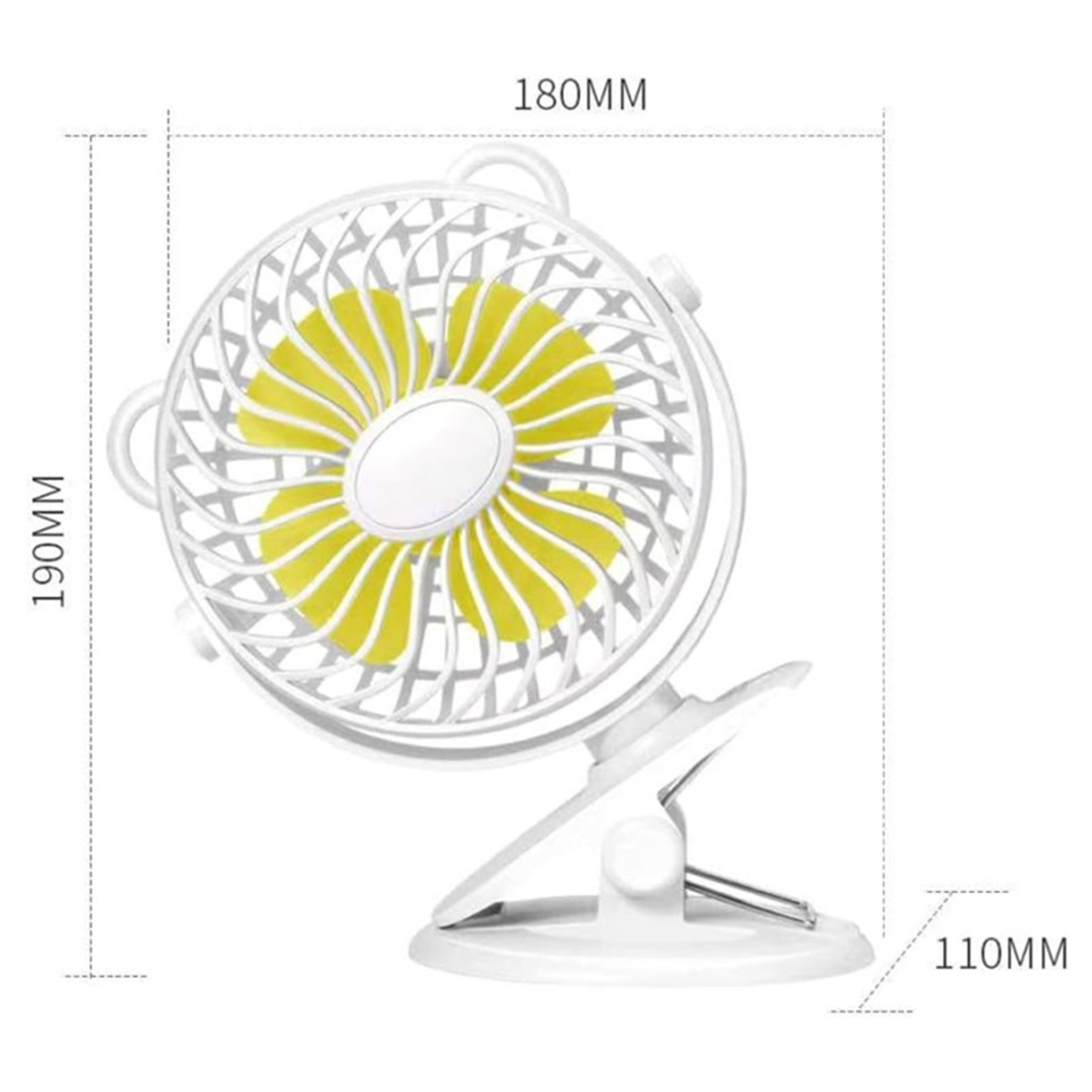 Weiß-gelber Ventilator. Abmessungen mit Messungen werden angezeigt.