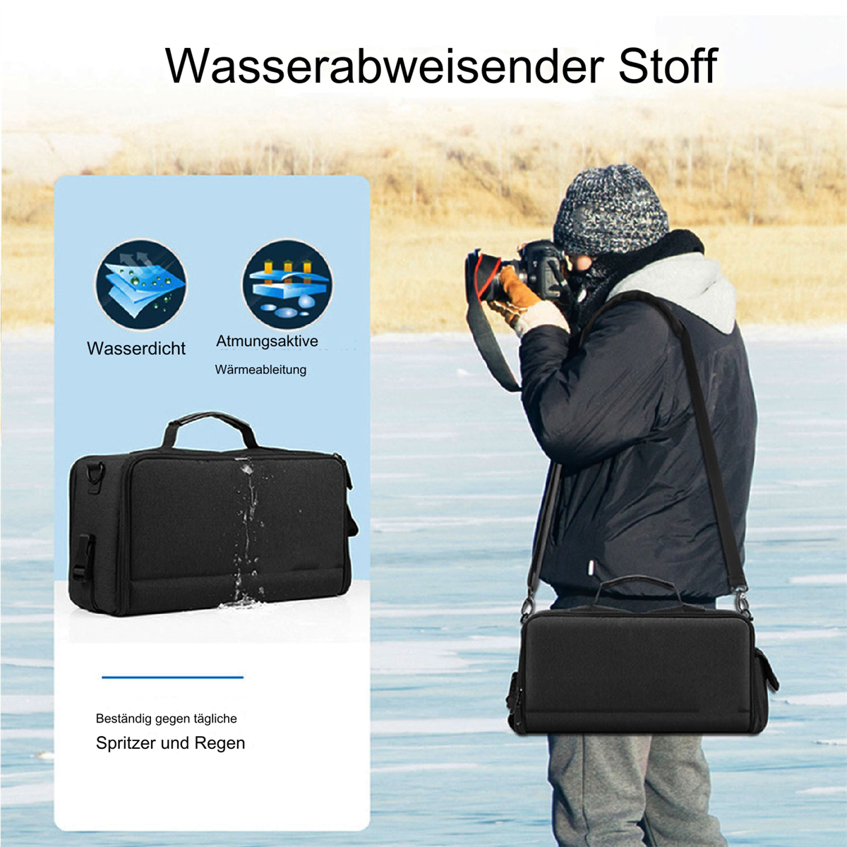 Person mit Kamera in verschneiter Umgebung, trägt schwarze Tasche. Die Tasche hat wasserabweisende Eigenschaften.