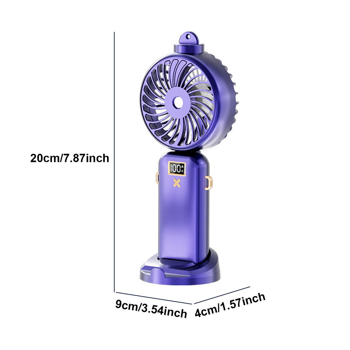 Tragbarer lila Ventilator mit Digitalanzeige. Abgerundete Form mit rundem Lüfter und Sockel.