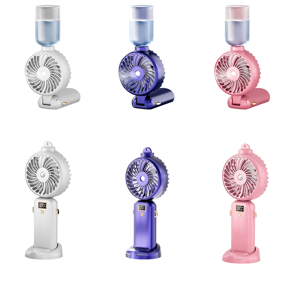 Tragbare Ventilatoren in Weiß, Blau und Rosa, jeweils mit Wasserbehälter.
