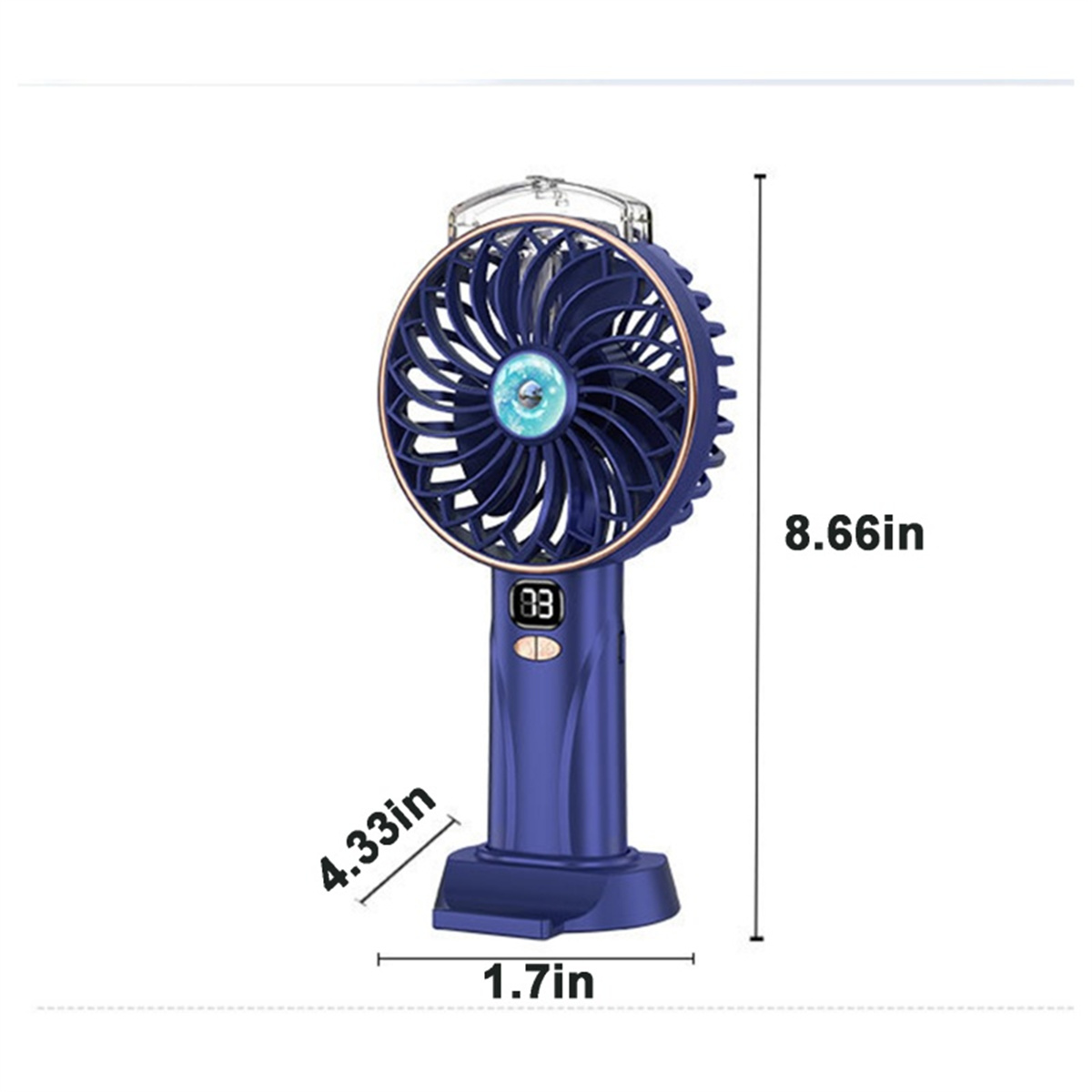 Ein blauer Handventilator mit digitaler Anzeige, die Einstellungen und Abmessungen anzeigt.