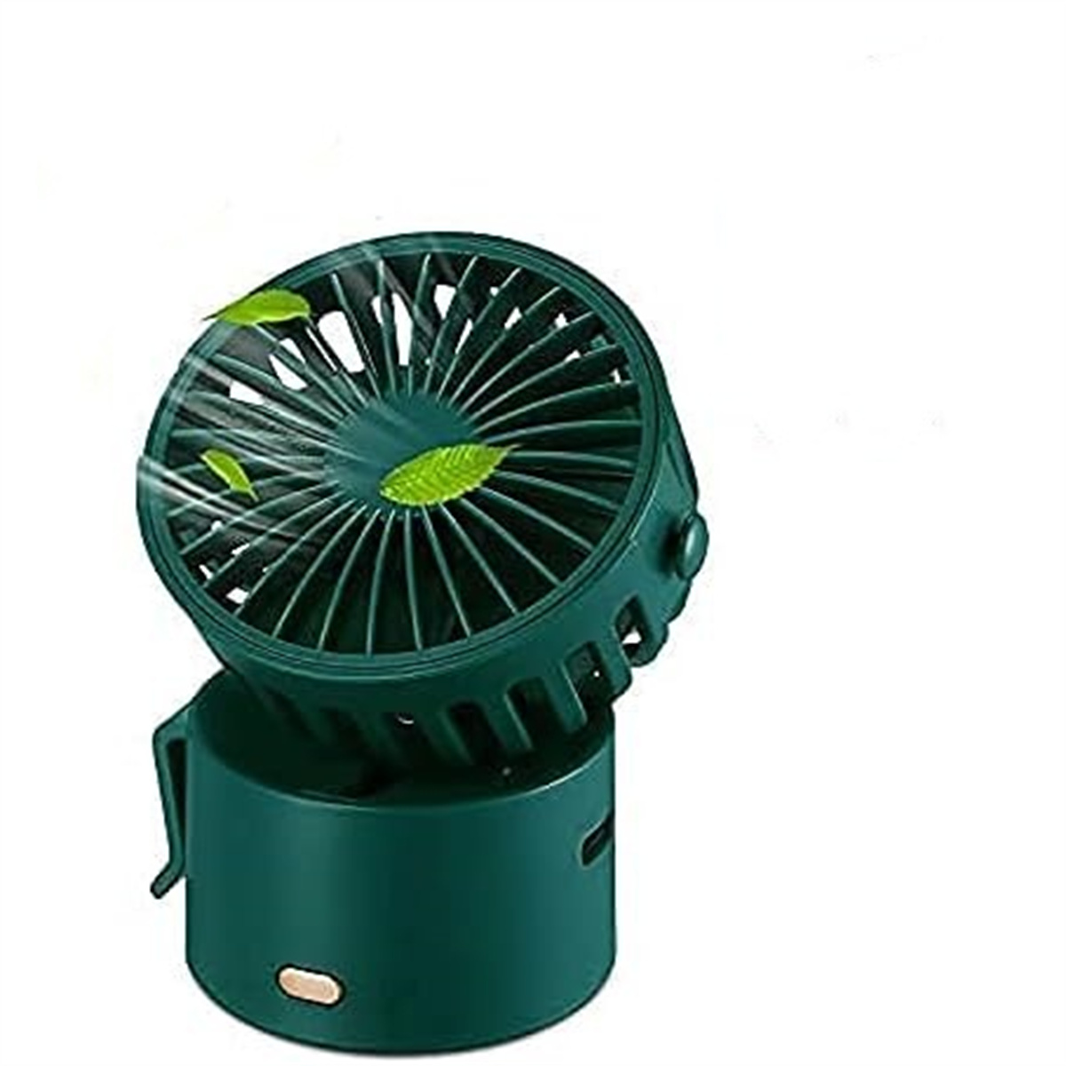 Ein grüner tragbarer Ventilator mit drehbarem Kopf. Zwei grüne Blätter sind sichtbar. Weißer Hintergrund.